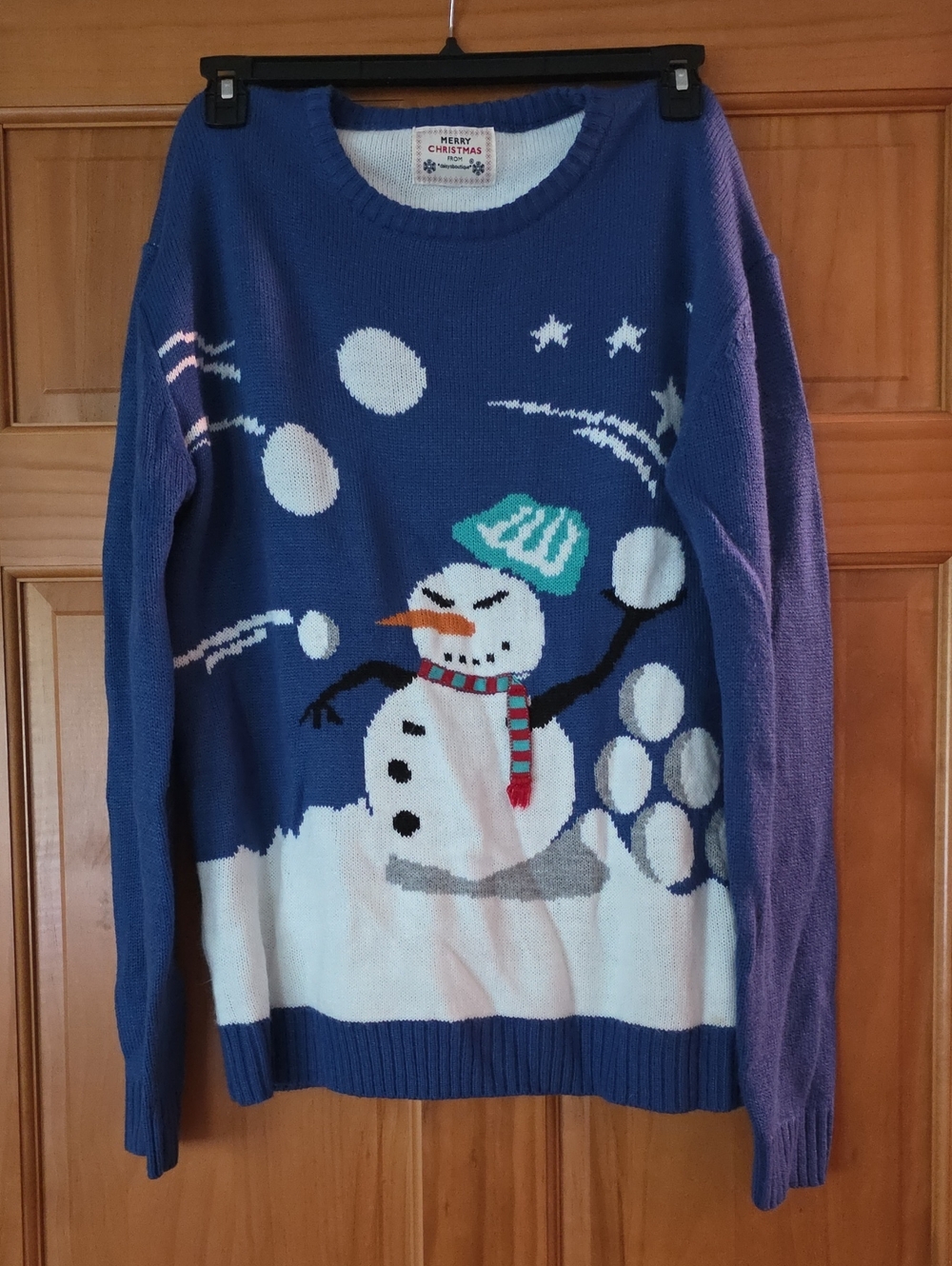 Ugly Christmas Sweater - Blue Sweater With Fun Snowmen - Size L